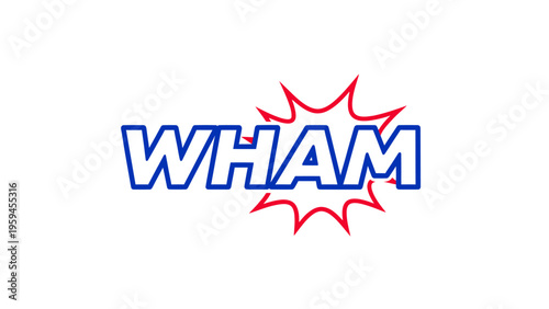 WHAM" text, in blue outline, with a red starburst effect on white