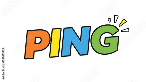 Cartoon-style word "PING" in colorful font with black outlines, with radiating burst