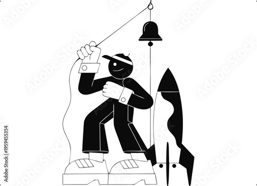 Cartoon character pulling a bell rope beside a rocket, representing a new project launch.