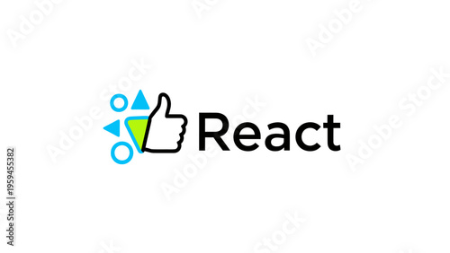 The logo shows a thumbs-up icon with geometric shapes and the word "React" in black