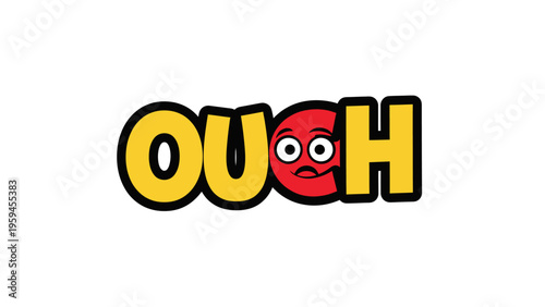 Valokuva The word OUCH with a red face peeking from the letter U expresses pain and s
