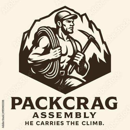 Mountain climber logo with ropes and ice pick, suitable for outdoor adventure companies, climbing blogs, and sports teams. Bold and dynamic design.