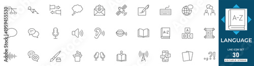 Language line icon set featuring translate, communication, speech, education, alphabet, global, and dictionary. Professional editable vector set for learning.
