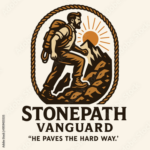 Stonepath backpacker climbing mountain rope, suited for outdoor adventure, travel, hiking, climbing, exploration, and extreme sportsrelated concepts.