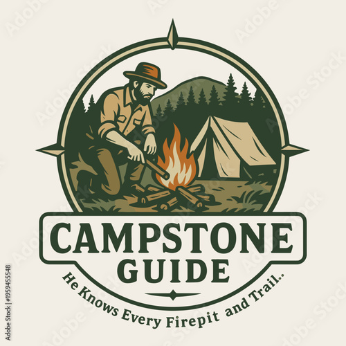 Camping logo design featuring a man making fire. Ideal for outdoor adventure companies, camping gear brands, and wilderness guides.