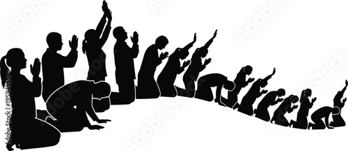 Black silhouette of people in various prayer and worship poses on a curved path representing a collective journey of faith.