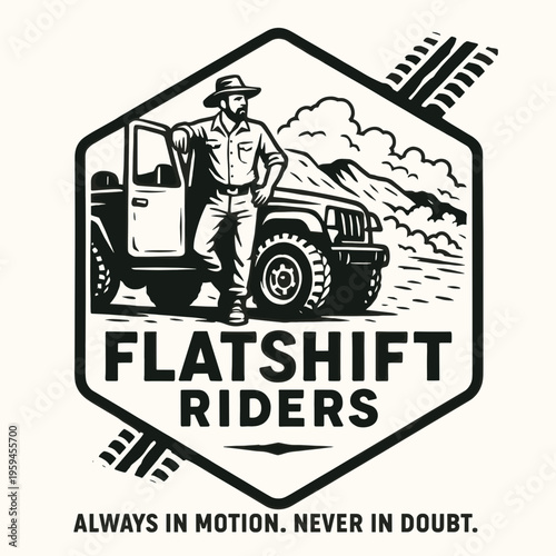 Flatshift riders logo with a man and a truck. Perfect for branding materials or merchandise design projects. Suitable for logos and branding projects.