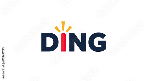 Bold "DING" in navy font with red "I" and yellow bursts. White background. Simple, clean