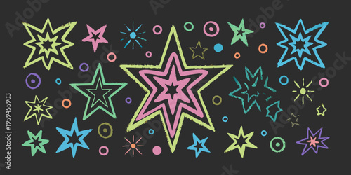 Colorful chalk stars and shapes scattered across a black background