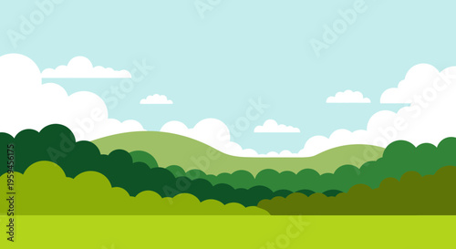 Flat Design Landscape Illustration of Green Rolling Hills and Summer Sky with White Clouds