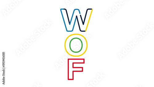 A white background with the letters WOF in vertical alignment, utilizing various colors