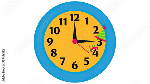 Cartoon clock shows time around 3 with birthday cake & hat. Blue frame, yellow face, black numerals