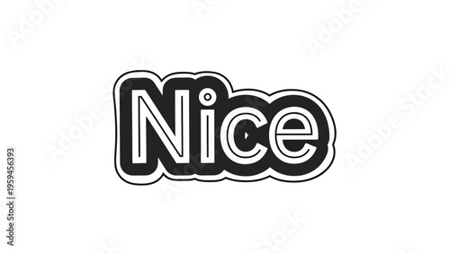 A simple graphic featuring the word "Nice" in black, white outline, and curved black background