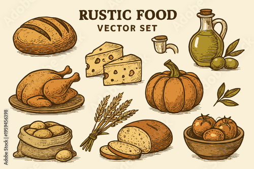 Rustic food vector logo set with bread, cheese, and chicken elements. Perfect for food businesses, restaurants, and farmrelated brands.