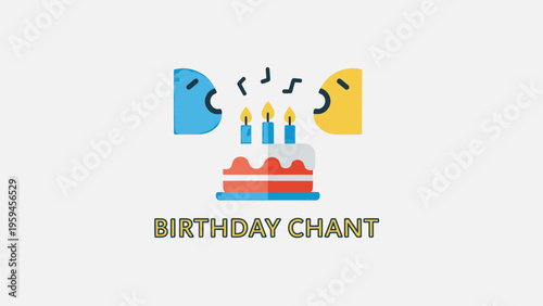 A colorful icon featuring a cake with candles, two singing figures and musical notes