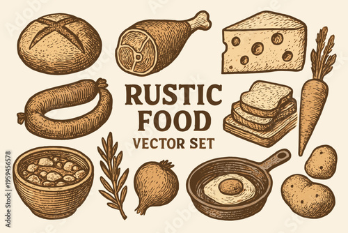 Set with vintage rustic food illustrations, perfect for restaurants, food blogs, catering services, and cooking classes promotional materials.
