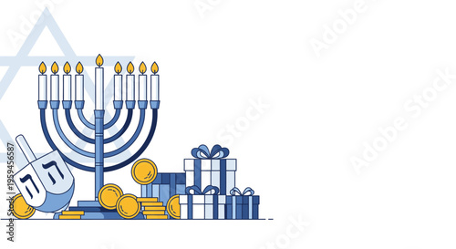 Menorah with dreidel and gifts.