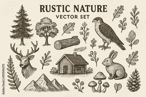 Set capturing rustic natures charm with plant and animal illustrations. Ideal for organic brands and natureinspired businesses.