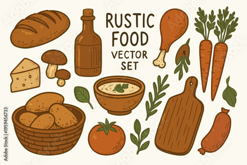 Rustic food vector set with culinary ingredients. Ideal for menus, recipe cards, food blogs, and cookbooks. Fresh and versatile.