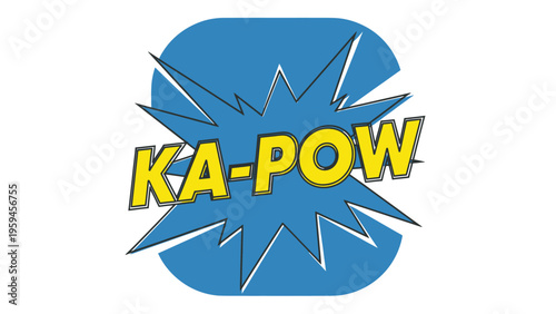 A comic-style "KA-POW" burst, yellow letters with black outline in blue shape