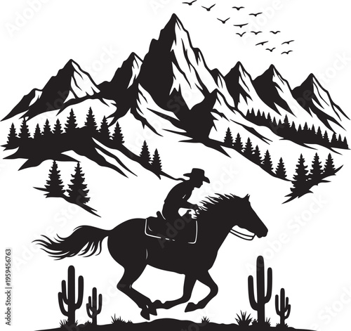 Cowboy riding horse silhouette in mountainous desert landscape, Generative Ai