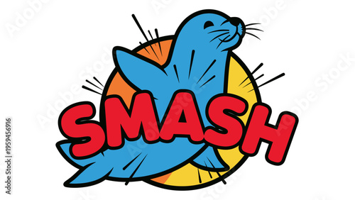 A cartoon blue seal with "SMASH" text erupts from a circular design, comic book style