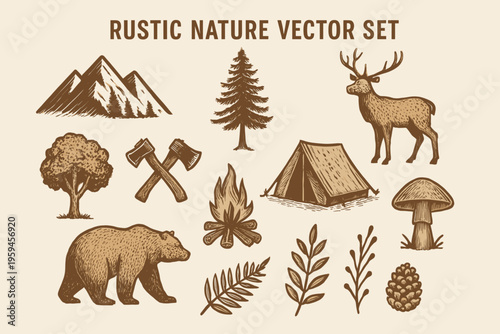 Rustic nature drawings of animals, plants, camping gear for creative logo designs. Ideal for naturethemed branding and outdoor businesses.