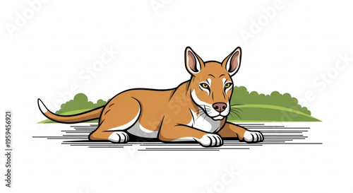 Brown dog lying down on ground with white paws and chest in natural outdoor setting with green hills