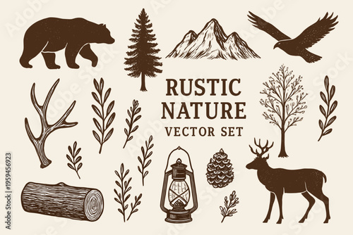 Set of rustic nature scenes with animals and plants suitable for branding, marketing campaigns, naturerelated products, and environmental awareness materials.
