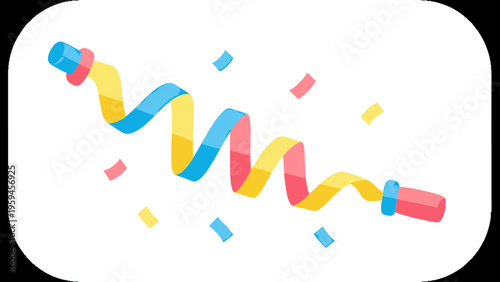 A colorful party popper with ribbons and confetti on a white background