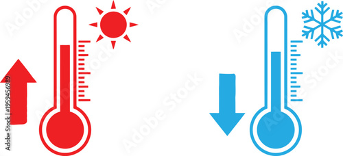 Graphic illustration of two thermometers showing high temperature and low temperature fluctuations Vector