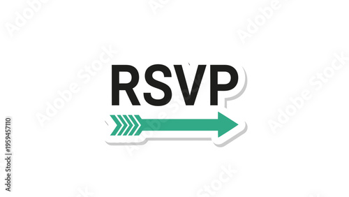 A stylized RSVP graphic features black letters and a green arrow, all with drop shadows