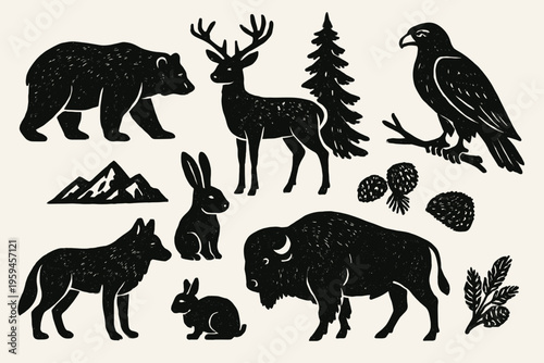 Set of black silhouettes of forest animals, plants, and mountains. Ideal for unique designs needing a natureinspired theme. Suitable for brand logos or environmental concepts.