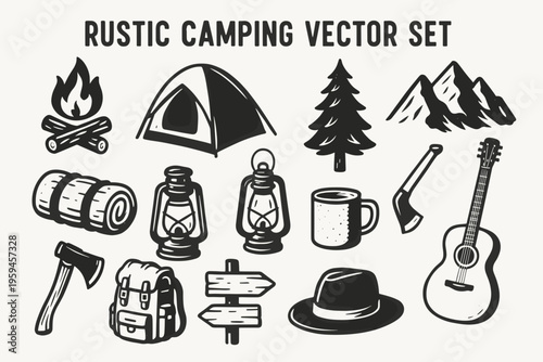 Set of rustic camping equipment vector illustrations ideal for outdoor adventure branding, design, and promotional materials for camping companies.