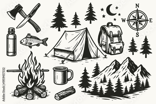 Set for wilderness camping adventure objects. Professionally designed logos and icons for outdoor, camping, or travel businesses.