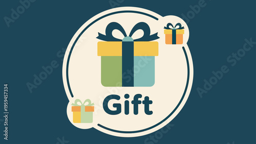 Vector illustration of gifts with "Gift" text in a circular design on a dark blue background