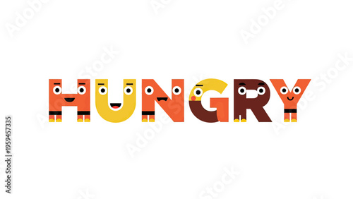HUNGRY" word art made of colorful, cartoonish letters with faces, on a white background