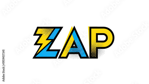 Bold comic-style word "ZAP" on white. Lightning bolt on the "Z", and halftone effects
