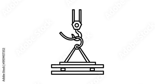Vector graphic illustration of a construction crane hook lifting a heavy flat load or pallet.
