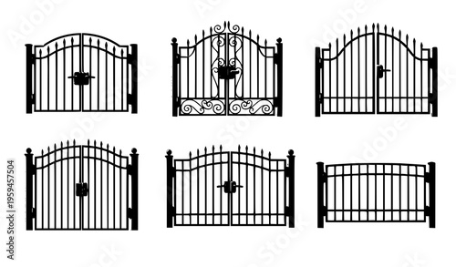 Metal fence gate cartoon icons entrance gate vector set