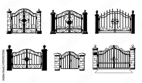 Decorative entrance fence gates vector cartoon illustration set