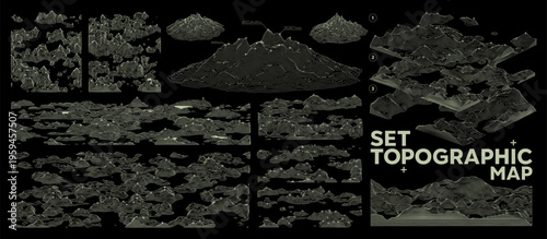 Abstract topographic map with 3D terrain lines. Wireframe mountain landscape, contour elevation and geographic relief pattern. Vector set