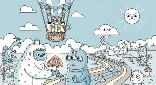 Whimsical illustration of friendly monsters in hot air balloon and road landscape with sunny sky