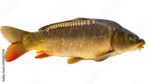 Foto Fresh common carp fish with golden scales and vibrant red fins, side view, ready