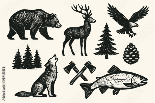 Forest animal, tree, pinecone, and axe vector logos for natureinspired designs. Perfect for creating logos with a woodland theme.