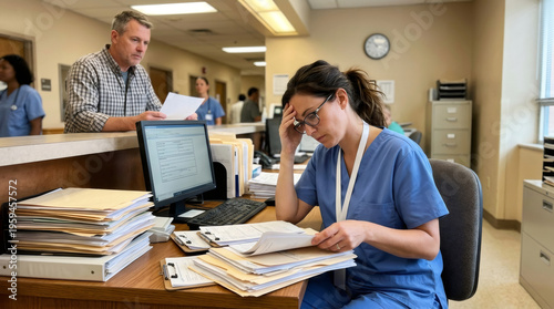 Stressed woman doctor working at hospital reception desk with paperwork. Tired medical employee dealing with administrative tasks and patient records. Healthcare staff burnout concept.