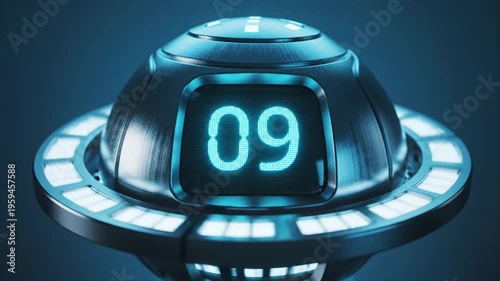 Futuristic digital display with glowing numbers on a metallic sphere against a blue background