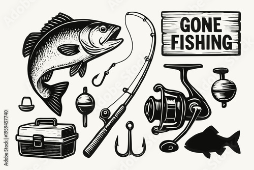 Set featuring fishing gear including a sharp fish hook. Great for fishing equipment brands, outdoor enthusiasts, and sports websites.