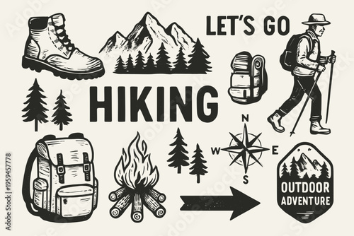 Set of hiking logos featuring hiker and mountains, ideal for creating themed badges and illustrations for outdoor enthusiasts.