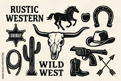 Set with rustic western designs like horse skull and boot icons. Perfect for cowboythemed branding projects or western events.